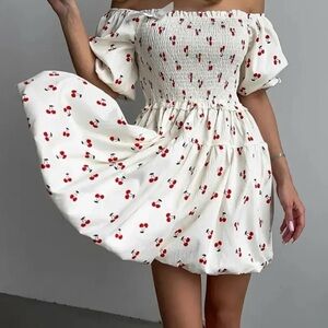 Cherry Print Off-Shoulder Dress